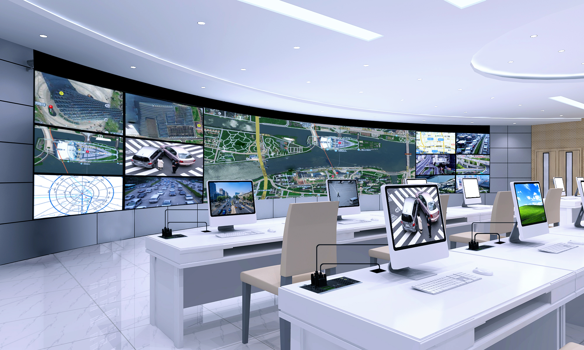 Moderner Kontrollraum mit grosser Videowall und Operator-Arbeitsplätzen